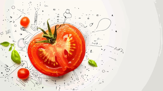 Vector fresh tomato half against background with business sketches