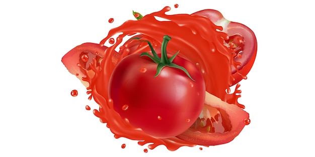 Fresh tomatoes and a splash of vegetable juice on a white background.