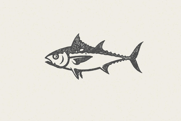 Fresh tuna fish silhouette for food market and seafood restaurant hand drawn stamp effect