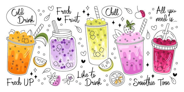 Vector fresh up beverage fruit or vegetable refreshment smoothies drinks doodle hand drawn design set