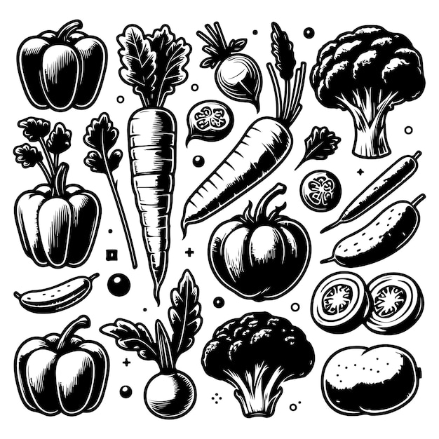 Fresh Vegetable Black And White Icons Set Carrot Bell Pepper And Tomato Cucumber Broccoli Beet