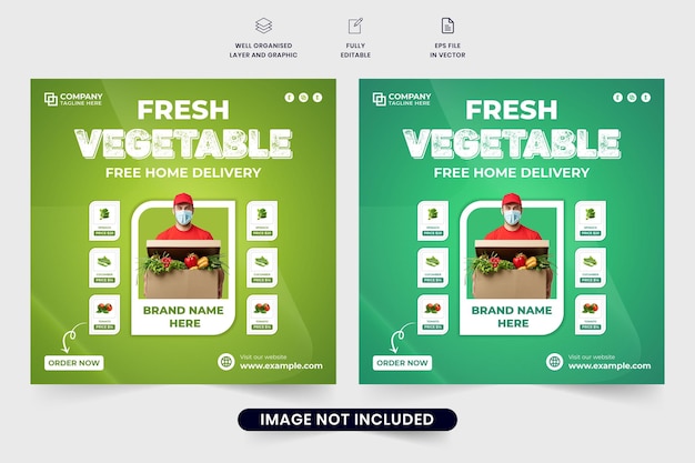 Fresh vegetable delivery service poster design for supermarkets Grocery home delivery service social media post vector with green backgrounds Special courier business web banner template