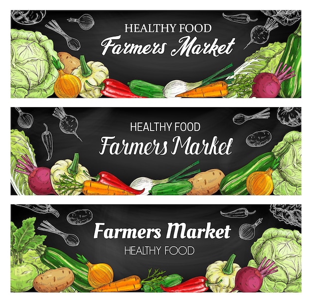 Fresh vegetable food sketches on chalkboard banner