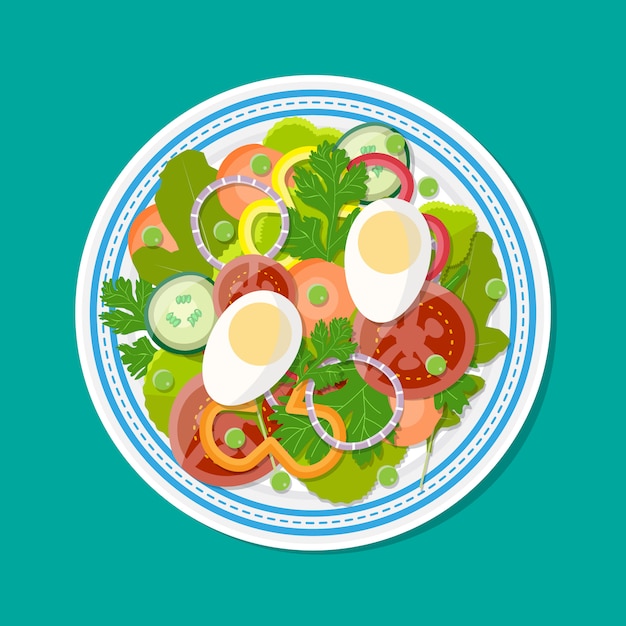 Fresh vegetable salad with egg on plate