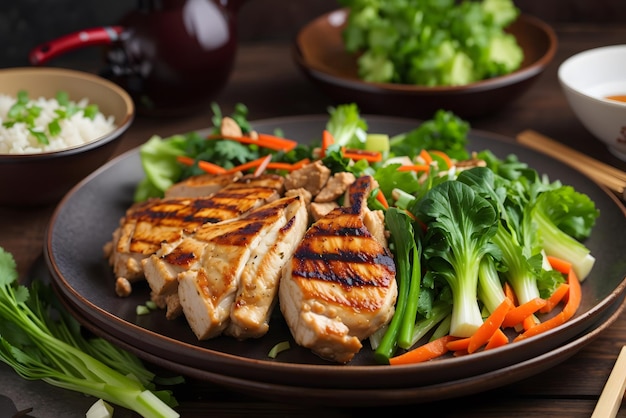 Fresh vegetable salad with grilled chicken breast