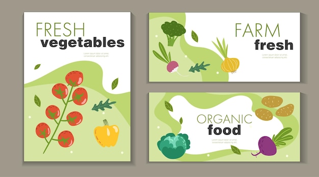 Fresh vegetables design templates set Banners with flat hand drawn fresh local and veggies Best for market posters flyers and menu designs Vector illustration