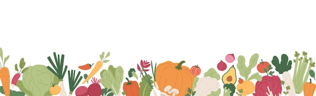 Fresh vegetables and greens border. Banner with healthy organic farm food. Natural veggies of summer and autumn seasons. Colored flat vector illustration of fall harvest isolated on white background.