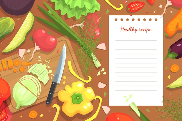 Vector fresh vegetables healthy recipe cookbook background cooking ingredients on kitchen table vector illustration