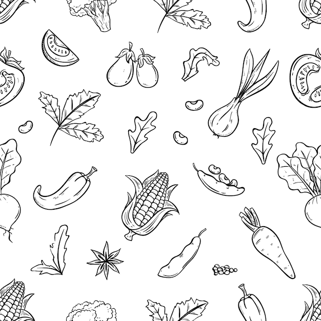 Fresh vegetables seamless pattern with sketch or hand drawn style