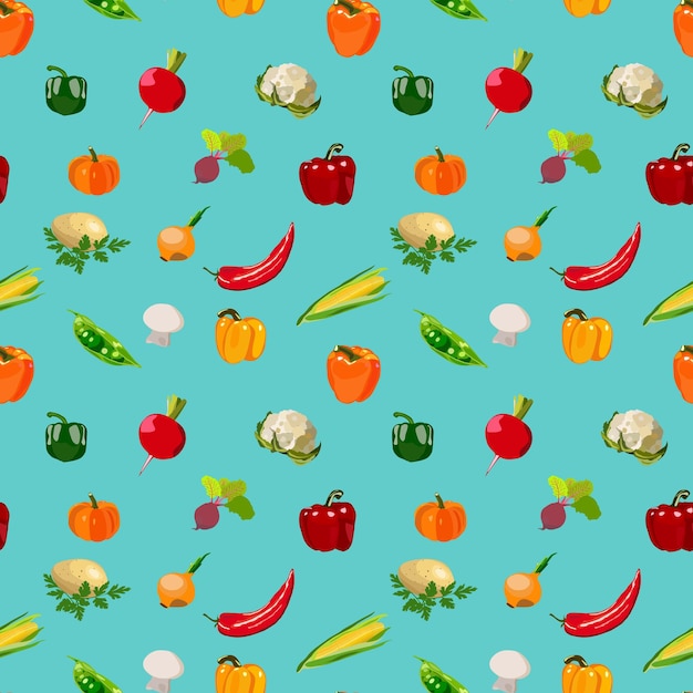 Fresh vegetables vector seamless pattern concept Healthy diet flat style illustration Isolated green food can be used in restaurant menu cooking books and organic farm labels pepper redish