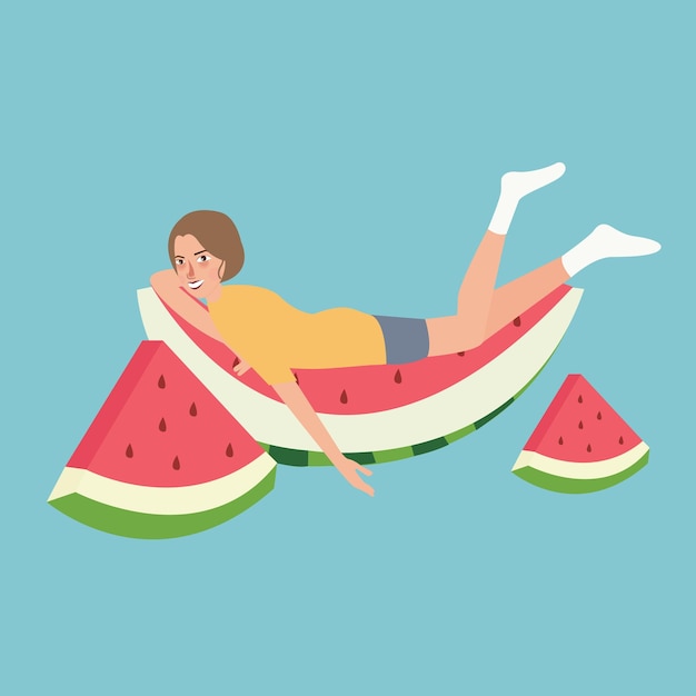 fresh water melon man sleeping relaxing above fruit lazy full