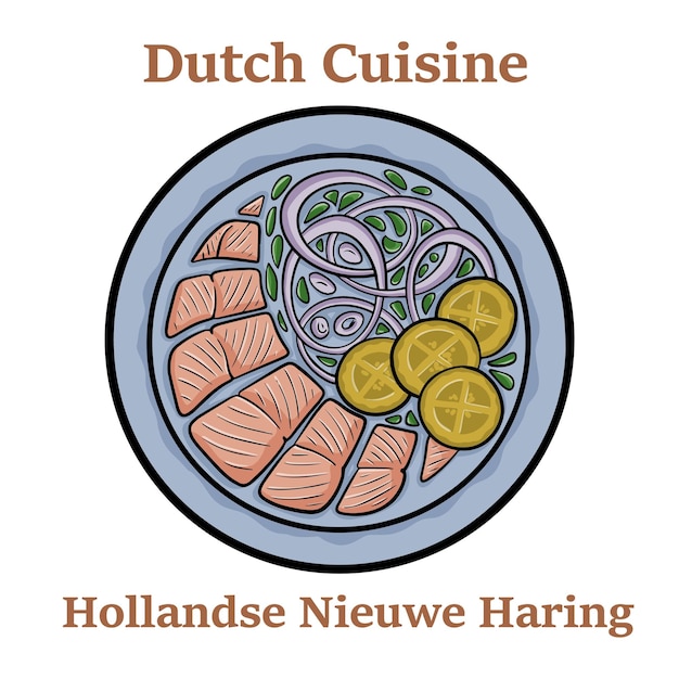 Freshly salted herring fish traditional dutch delicacy called hollandse nieuwe on turquoise plate and white background