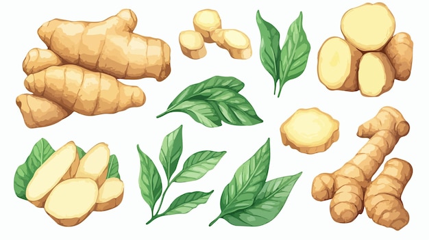 Vector freshly sliced ginger root with leaves design element