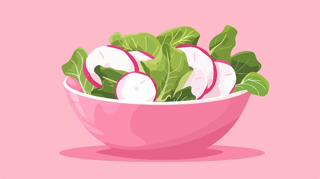 Vector freshly sliced radish and lettuce in bowl on pink background