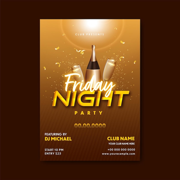 Friday Night Party Flyer Design With Champagne Bottle Flute Glass And Light Effect