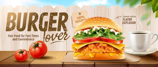 Fried chicken burger banner ads on wooden table and white fence in 3d illustration