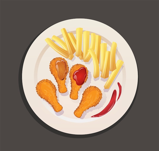 Vector fried chicken and french fries on plate