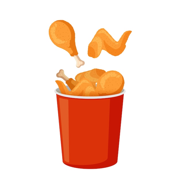 Fried chicken legs and wings in red bucket crispy meat in batter in paper packaging vector isolated