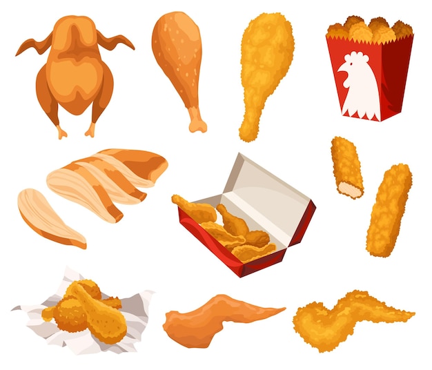 Vector fried chicken set crispy fried chicken pieces isolated on white background beautiful delicious in cartoon style fresh fast food fry meat hot wings drumsticks crispy strips