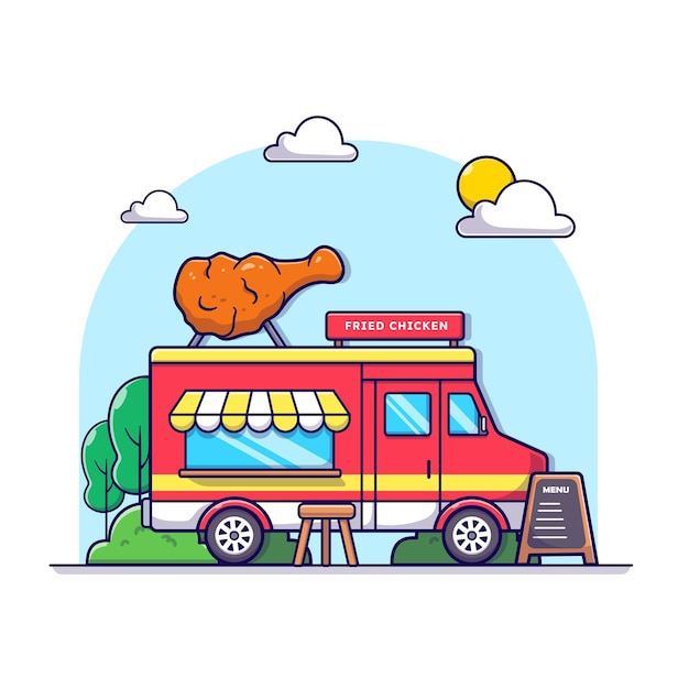 Fried chicken truck in the park with big tasty donuts illustration cartoon street white isolated