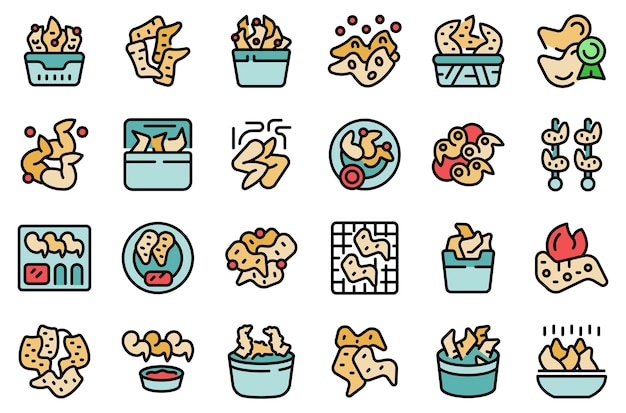 Fried chicken wings icons set outline vector Roast spicy Hot meal thin line color flat on white