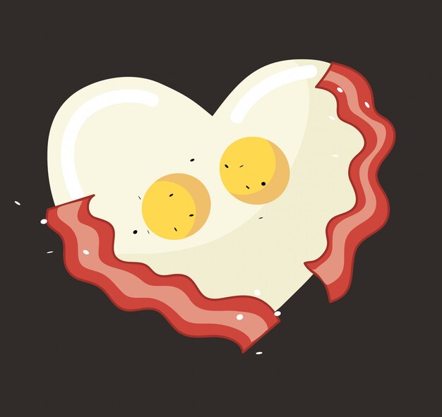 Vector fried egg and bacon in heart shape