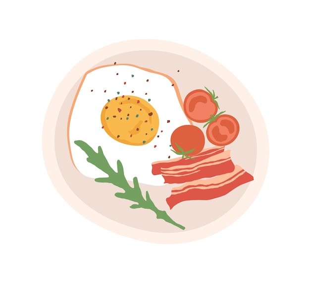 Fried egg, bacon slices, cherry tomatoes and arugula on plate for breakfast or lunch. Traditional British food. Colored flat vector illustration isolated on white background.