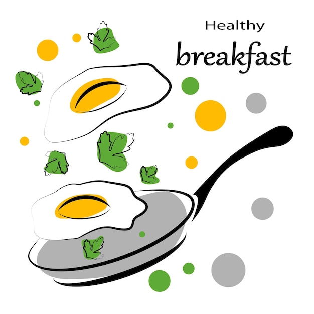 The fried egg flies over the pan Healthy breakfast Doodles illustration