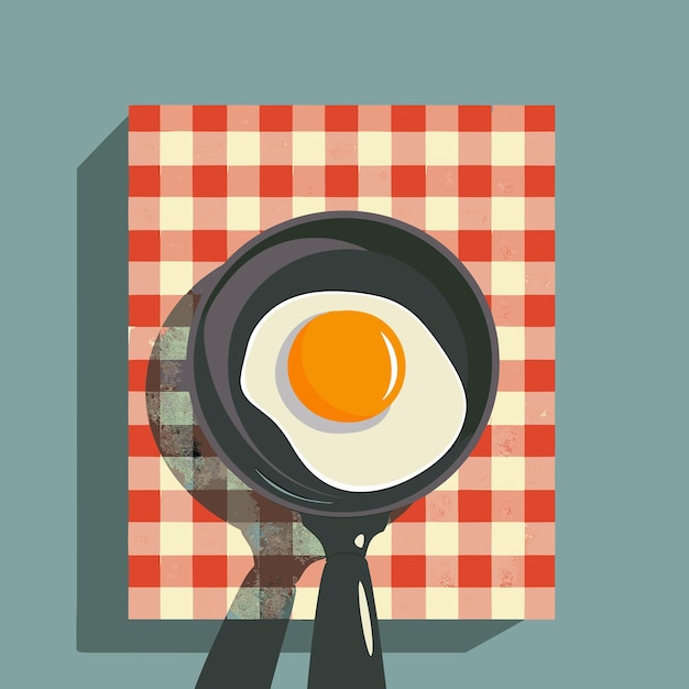 Fried egg in a pan on a checkered tablecloth Simple food breakfast cooking illustration