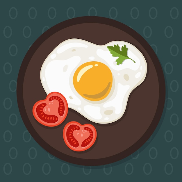 Vector fried egg on a plate with tomato slices and parsley vector illustration