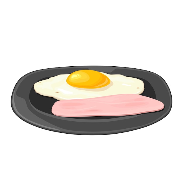 Fried egg with ham on plate Vector color illustration