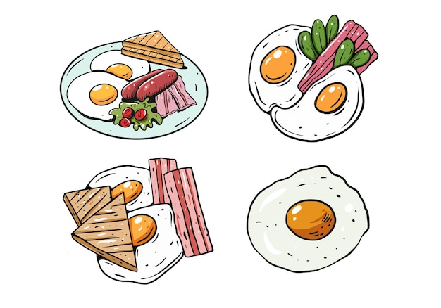 Fried eggs on pan hand drawn sketch set Breakfast eat vector illustration