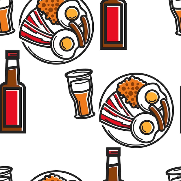 Fried eggs sausages and bacon beer English breakfast seamless pattern