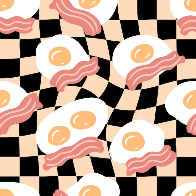 Fried eggs with bacon slices on trippy grid background seamless pattern Simple design for any purposes Hand drawn vector illustration