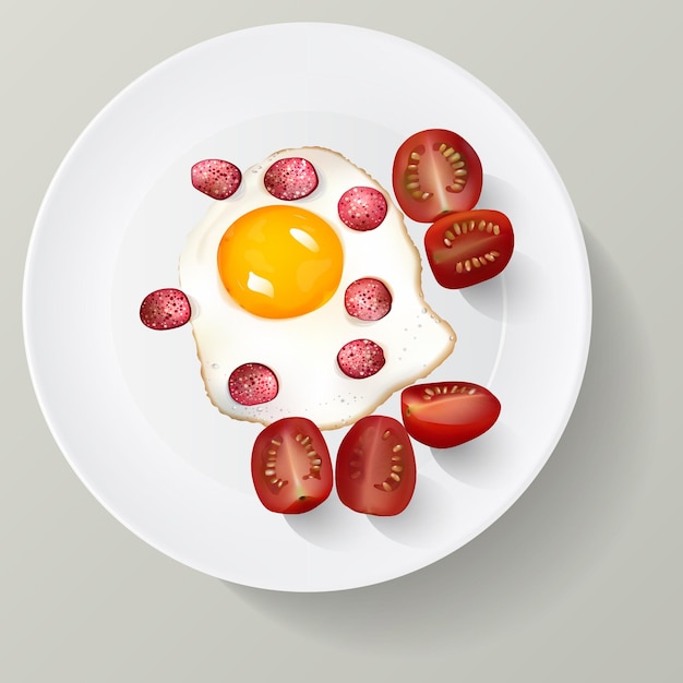 Vector fried eggs with sausage and tomatoes on a plate abstract vector illustration