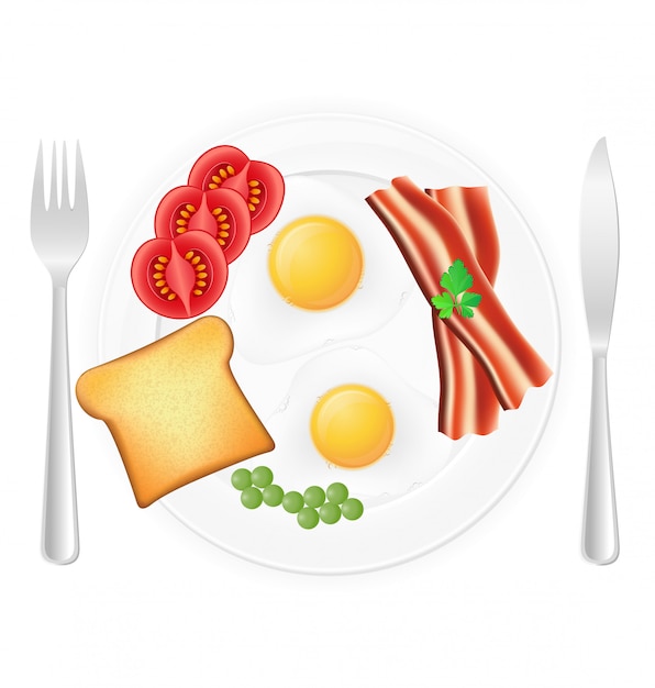 Fried eggs with toast bacon and vegetables on a plate.