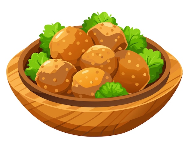 fried falafel in wooden bowl vector illustration on white background