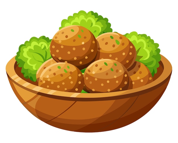 Vector fried falafel in wooden bowl vector illustration on white background