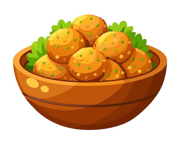 fried falafel in wooden bowl vector illustration on white background