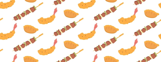 Fried food Japanese dishes Seamless pattern in vector Asian food