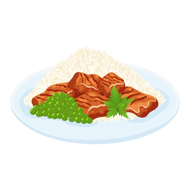 Vector fried pieces of meat with boiled rice green peas