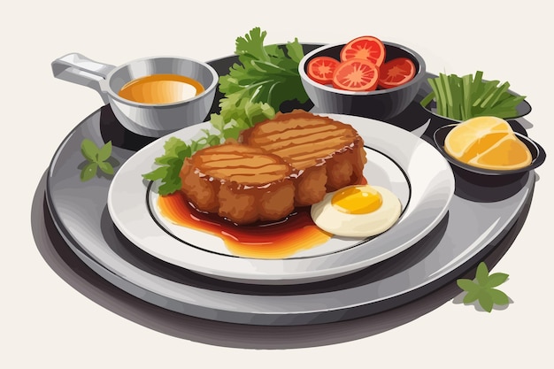 Fried pork white plate restaurant illustration