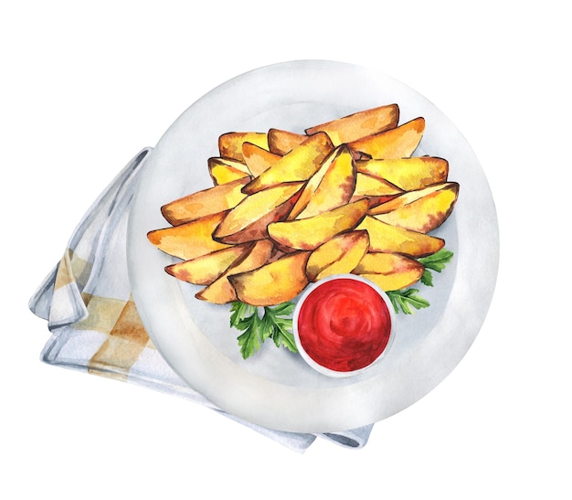 Fried potato pieces on a plate with sauce. Watercolor illustration