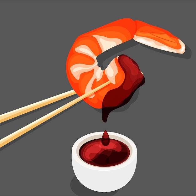 Fried shrimp in Chinese sticks with dripping soy sauce Asian food in Wooden chopsticks Vector