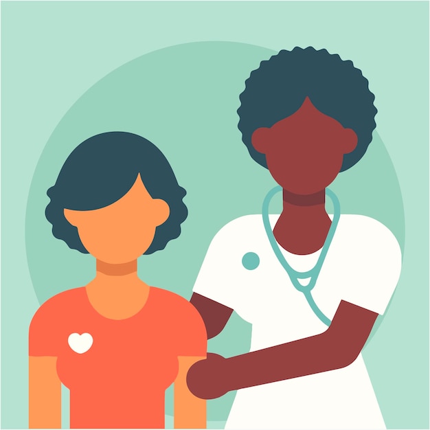 Vector friendly black skin female african curly hair practitioner doctor comfort women cancer patient character flat vector illustration avatar concept medical person consulting young patient visit treating