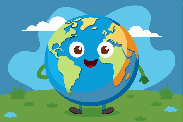 Vector a friendly character of earth stands in a lush green area with a sunny blue sky and fluffy clouds a cartoon character earth