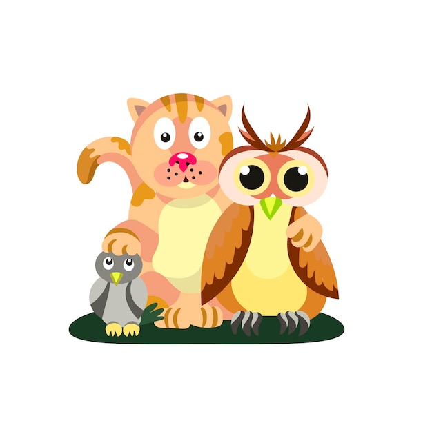 Friendly company Cat owl and titmouse Friendship Style flat Stock vector