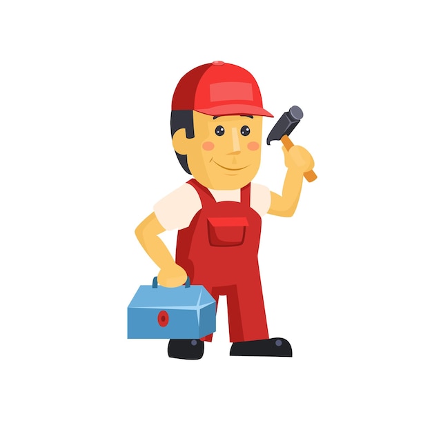 Friendly construction worker man with tools, vector illustration