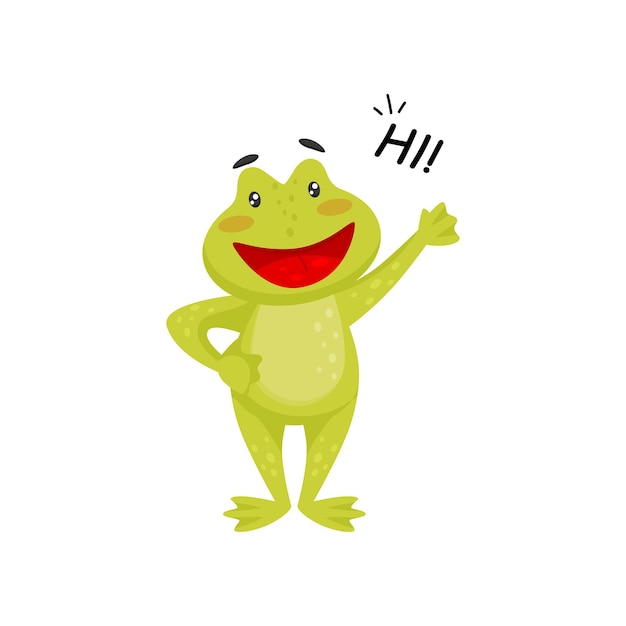 Friendly frog waving paw and saying Hi Cheerful green toad Cartoon character of amphibian animal Graphic element for children book Colorful flat vector design isolated on white background