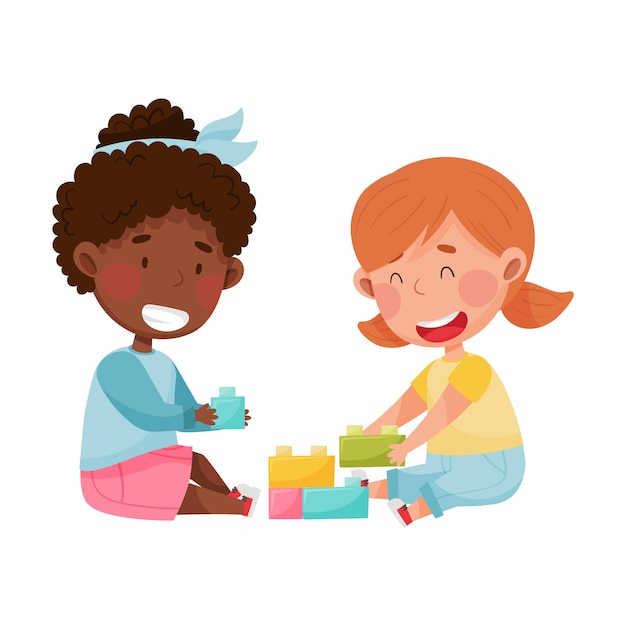 Friendly kids playing together with toy blocks and laughing vector illustration